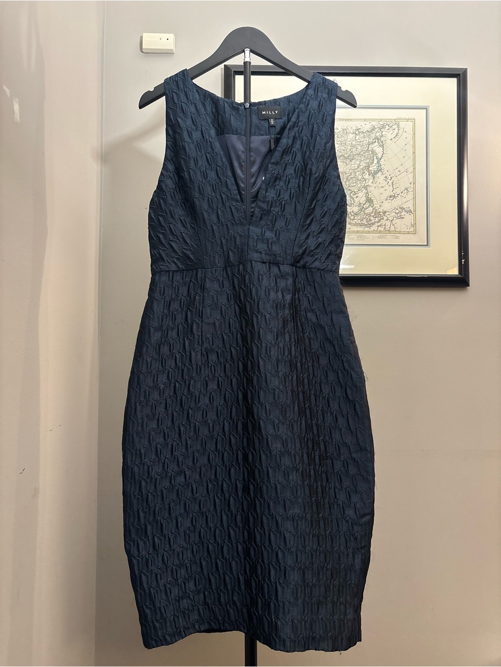 NWT Milly Callie Italian Bubble Jacquard Dress Navy V-neck Size 8